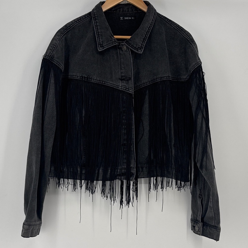 SHEIN Women Washed Black Fringe Denim Jacket Size L Cropped Western Boho Tassel